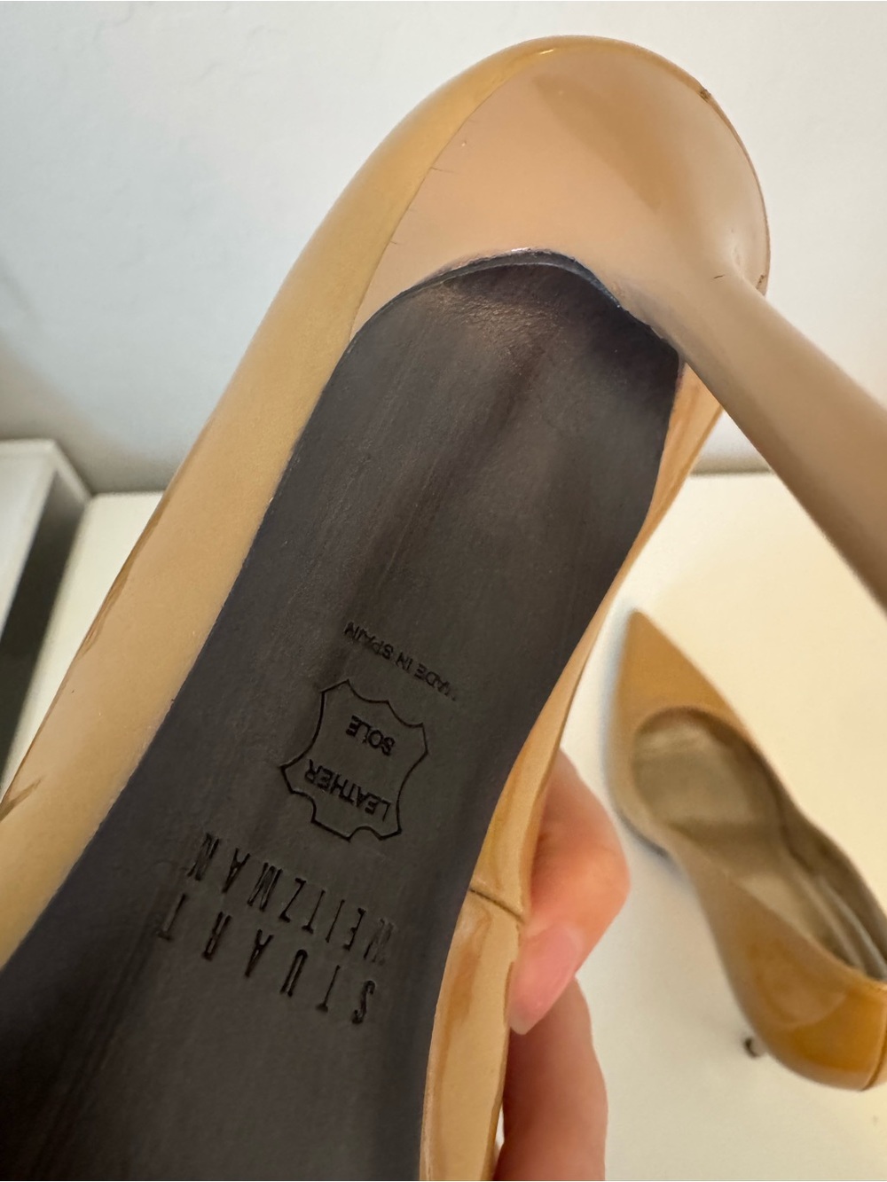 Stuart Weitzman Glossy Tan Pointed-Toe Pumps - Picture 4 of 6